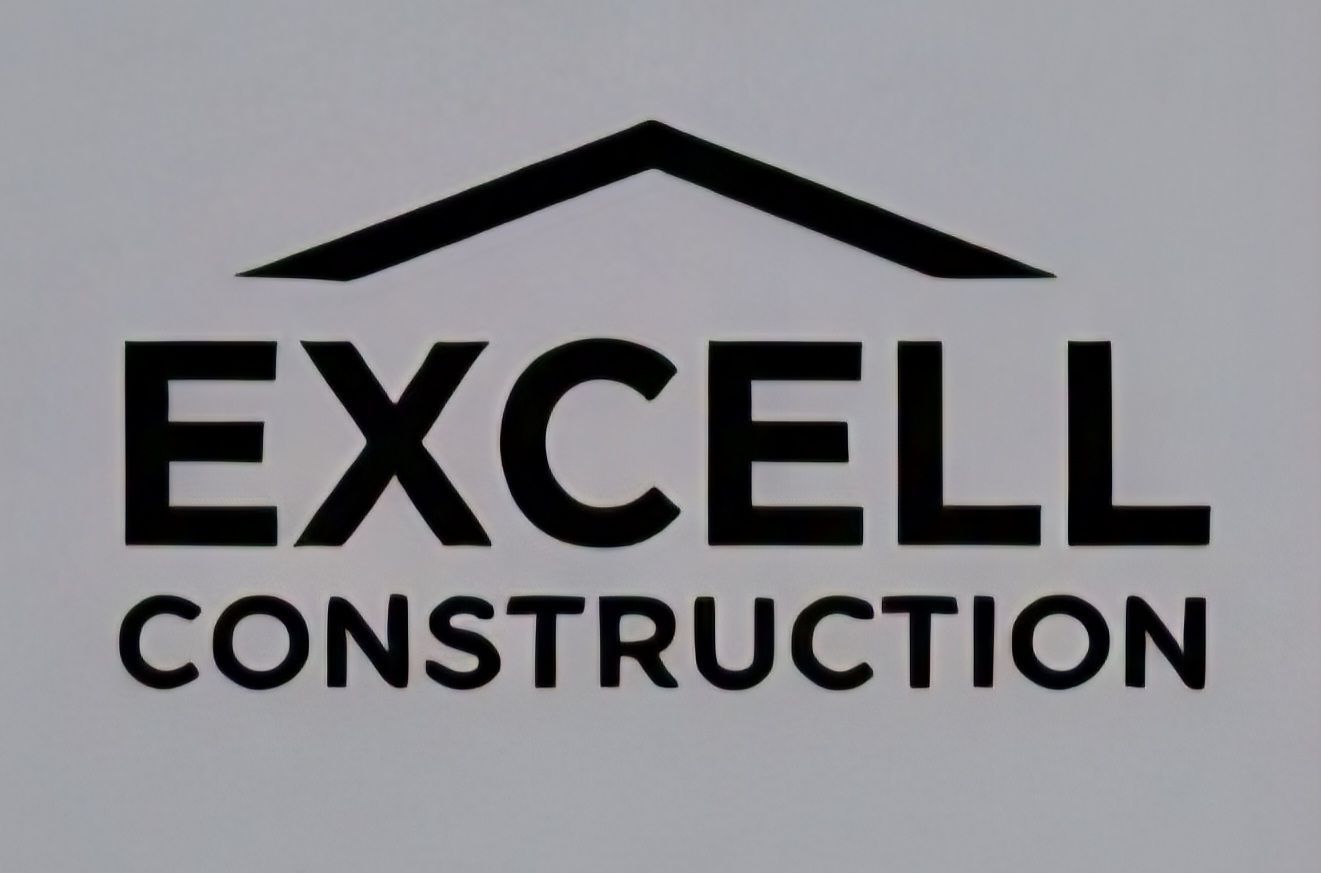 Logo for Excell Construction: Black text and a roof symbol on a white background.