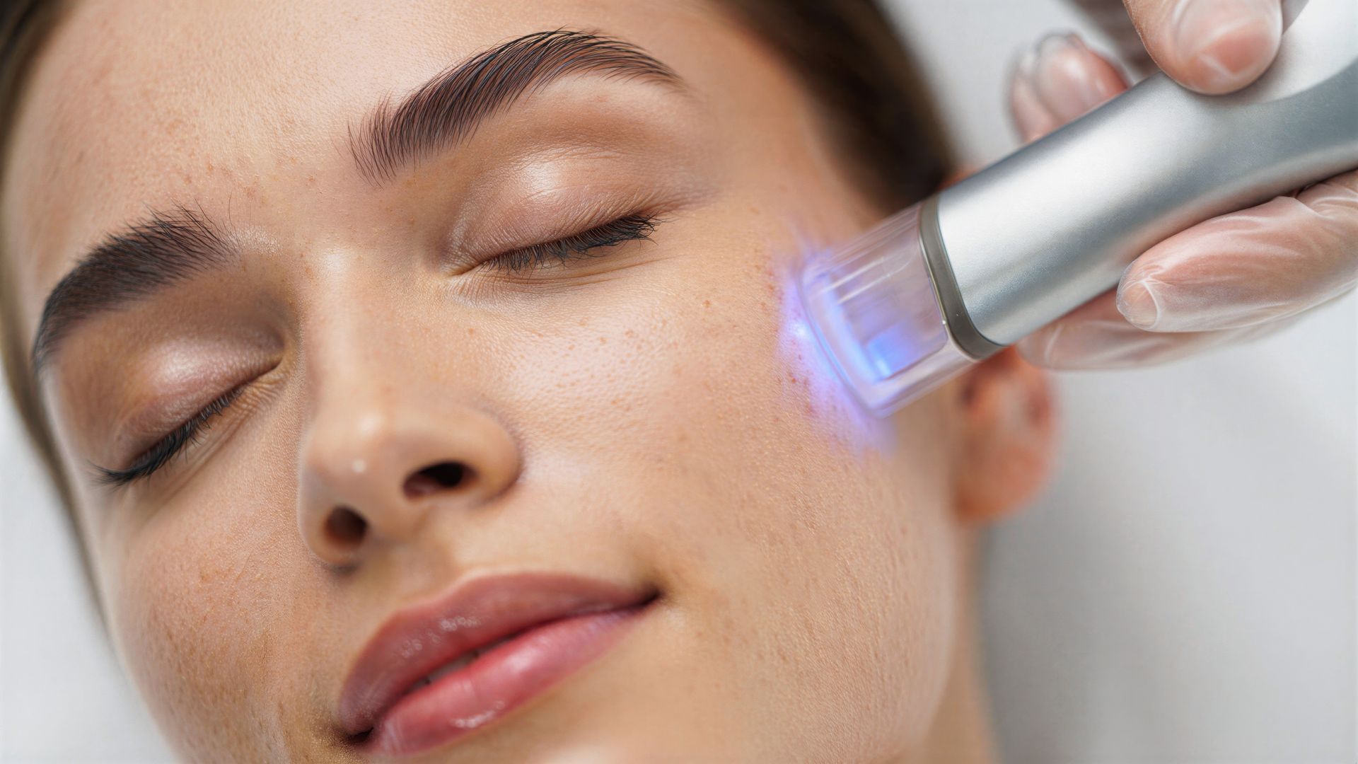 Woman receiving a blue-light facial treatment with a handheld device on her cheek