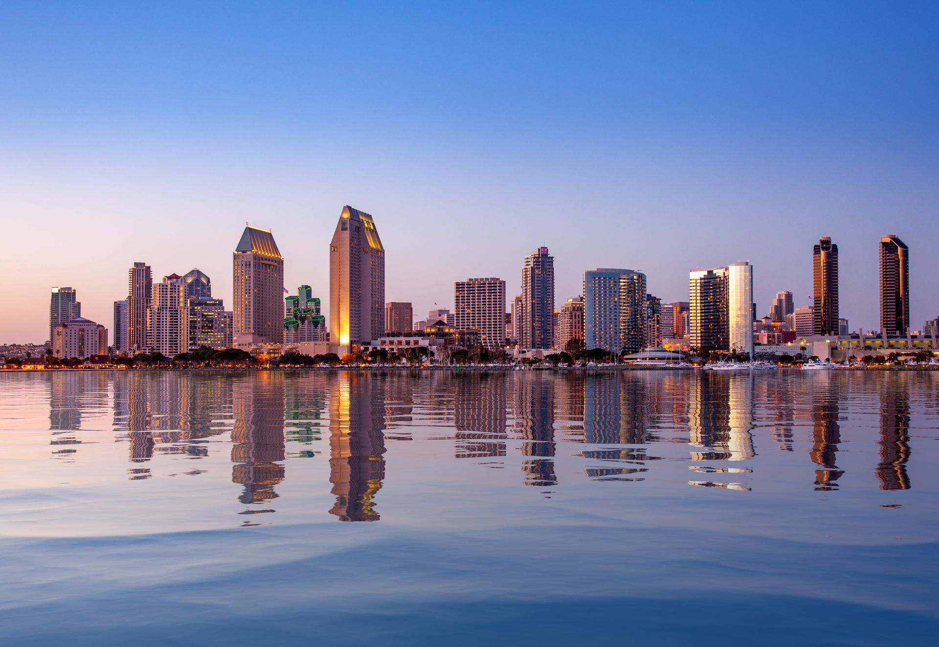 The skyline of san diego is reflected in the water.