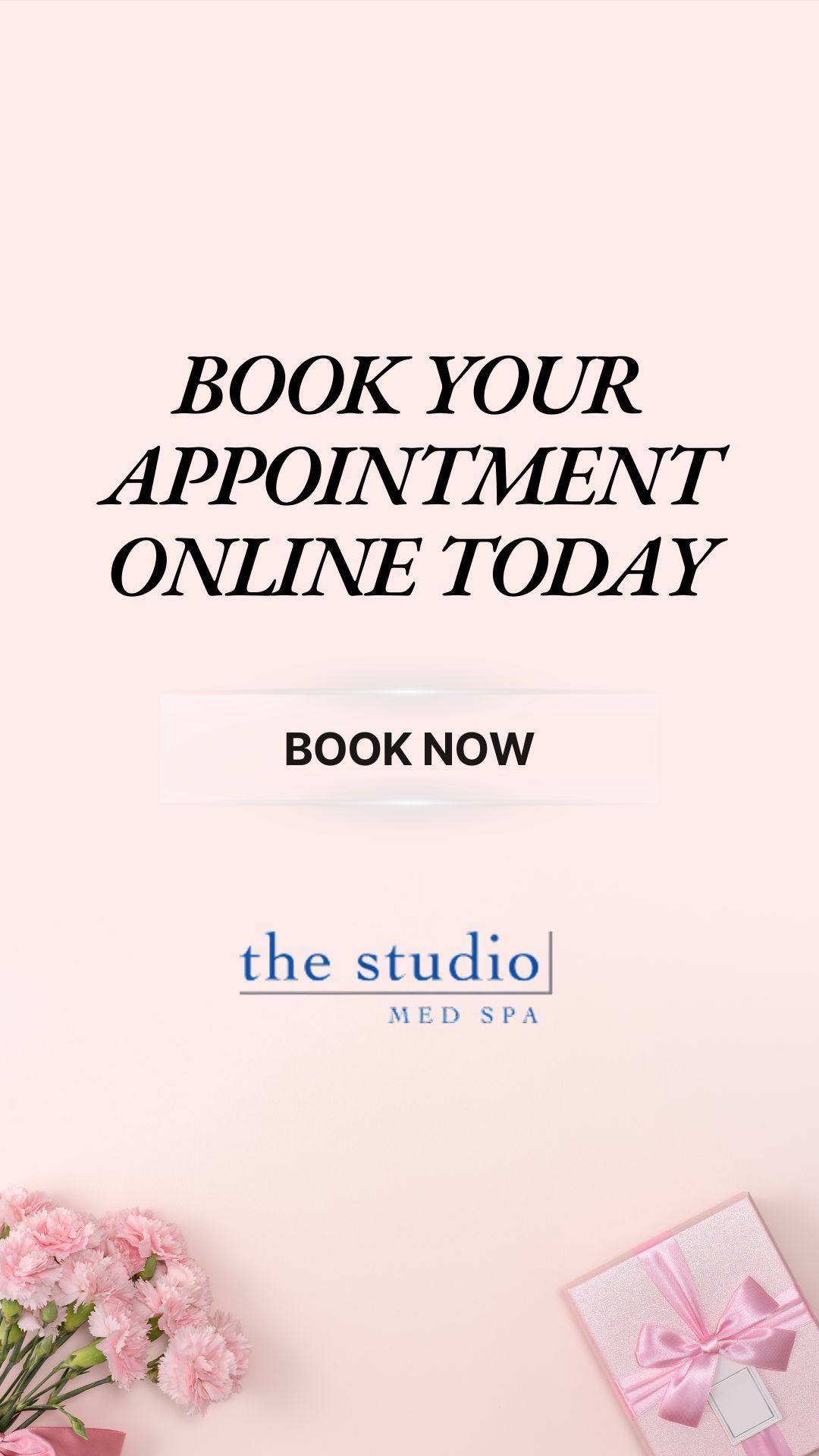 Book your appointment online today over a floral background with a “Book Now” button.