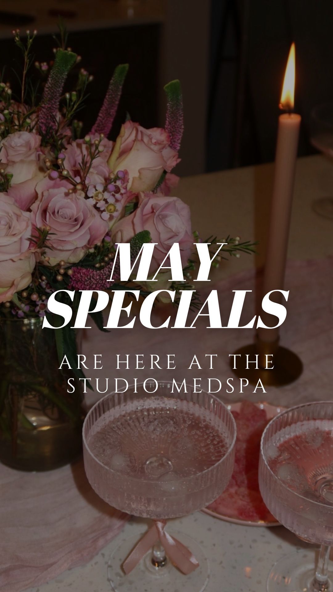 “April Specials” promo poster with a stylish person in sunglasses holding a drink, in warm dim lighting