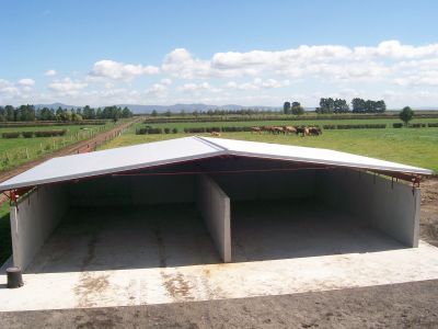 A shed with a roof is sitting in the middle of a field.