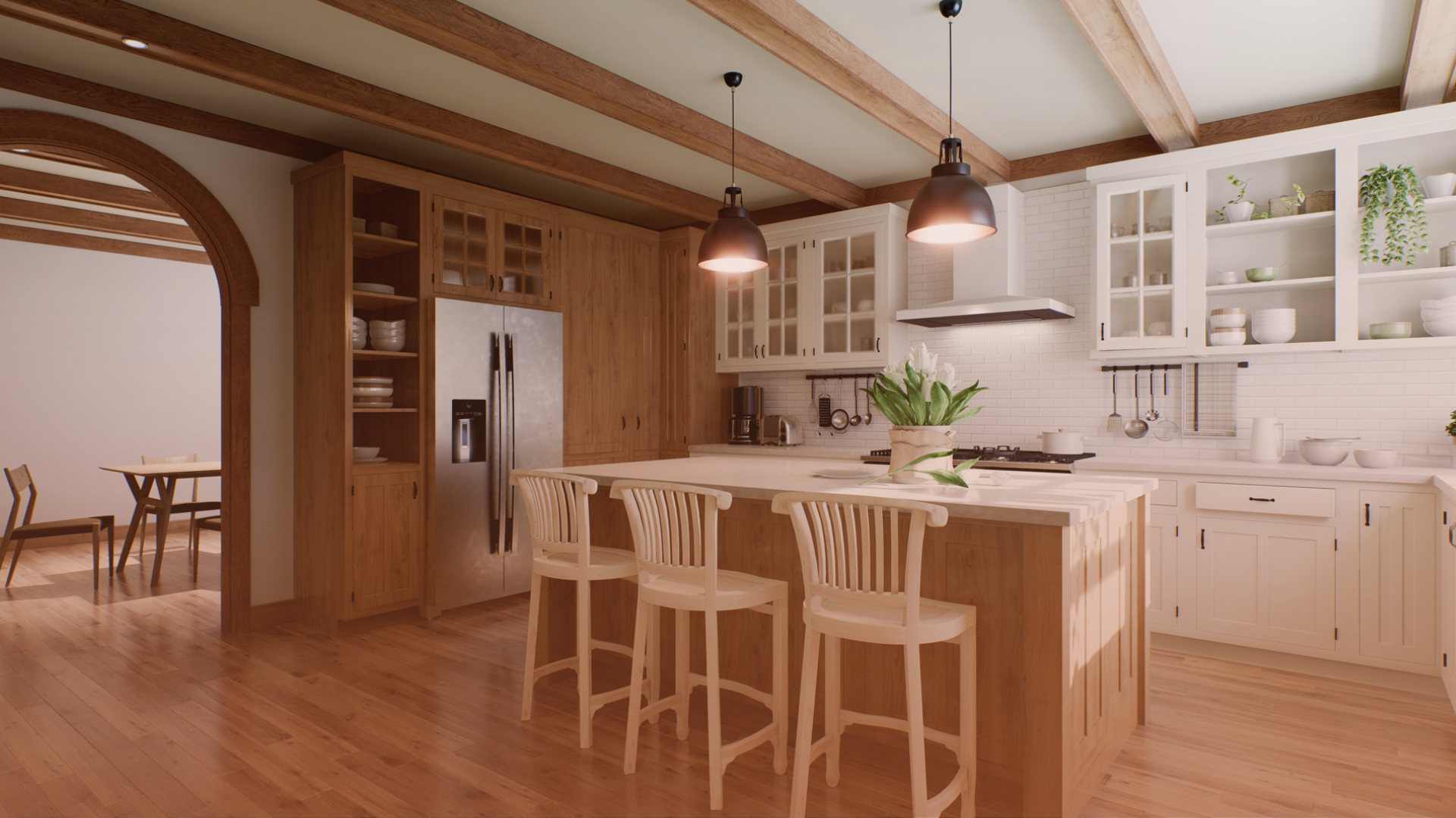 A kitchen with wooden cabinets , stools , a refrigerator , and a large island.