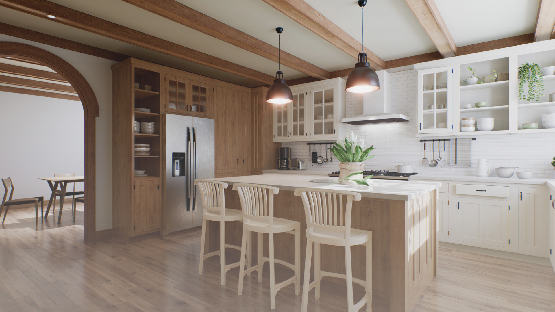 A kitchen with wooden cabinets , stools , a refrigerator , and a large island.