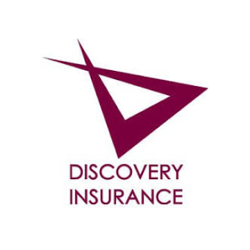 Logo for Discovery Insurance: Burgundy abstract shape with a triangle and text 