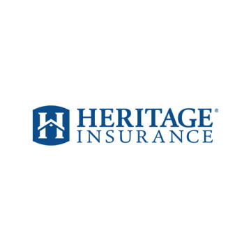 Logo for Heritage Insurance: blue shield with a white house silhouette, 