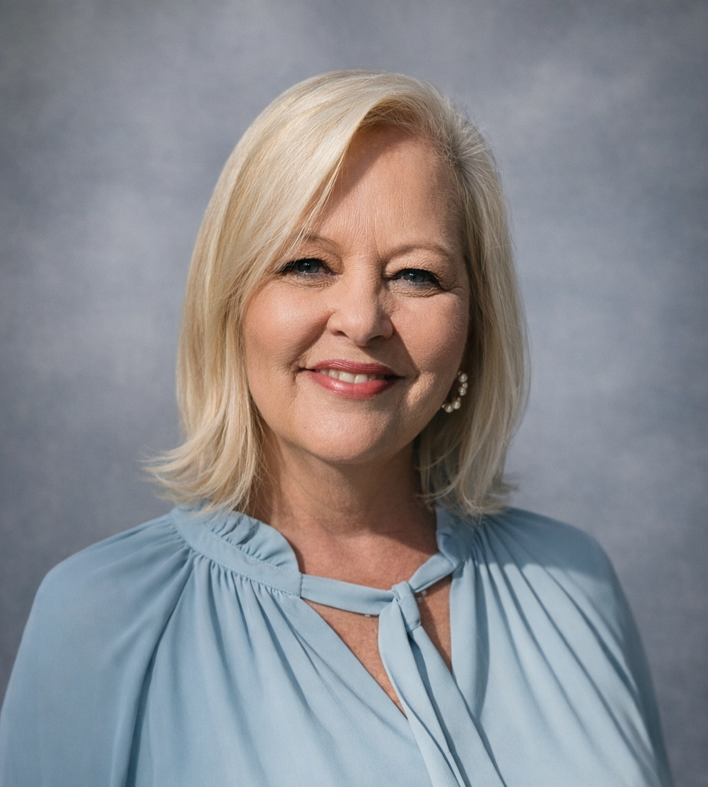 Woman with blonde hair wearing a blue blouse smiles at the camera, against a light blue background.