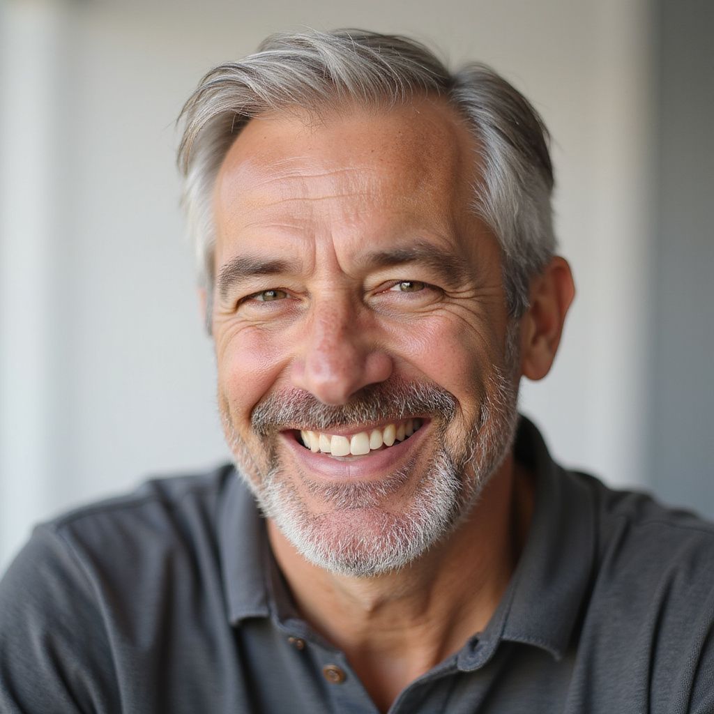 Man with gray hair and beard smiles, wearing a gray polo shirt.