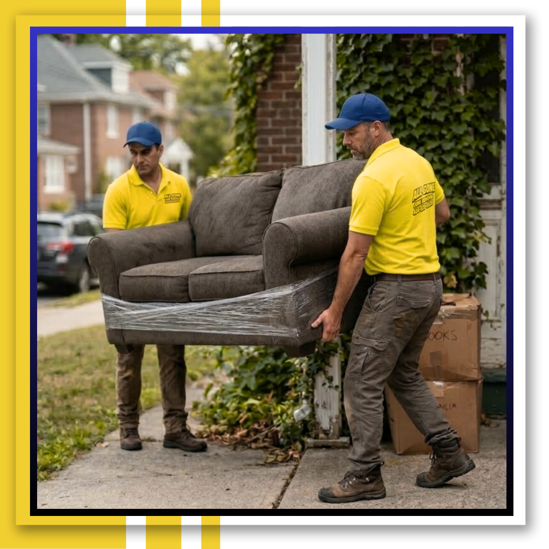 two men carrying an old sofa