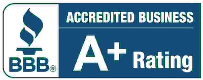 A blue sign that says accredited business a + rating