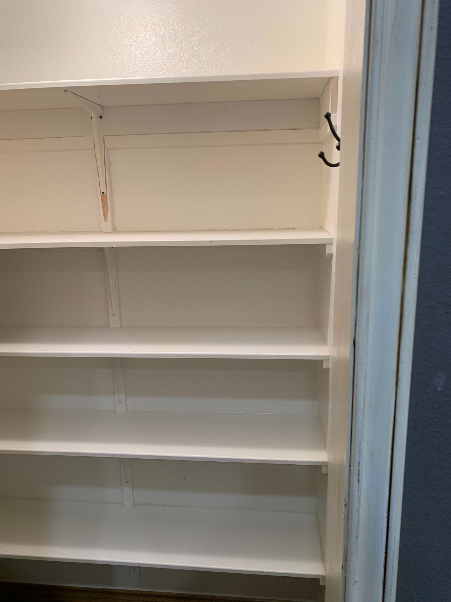 A closet with empty shelves and a door.