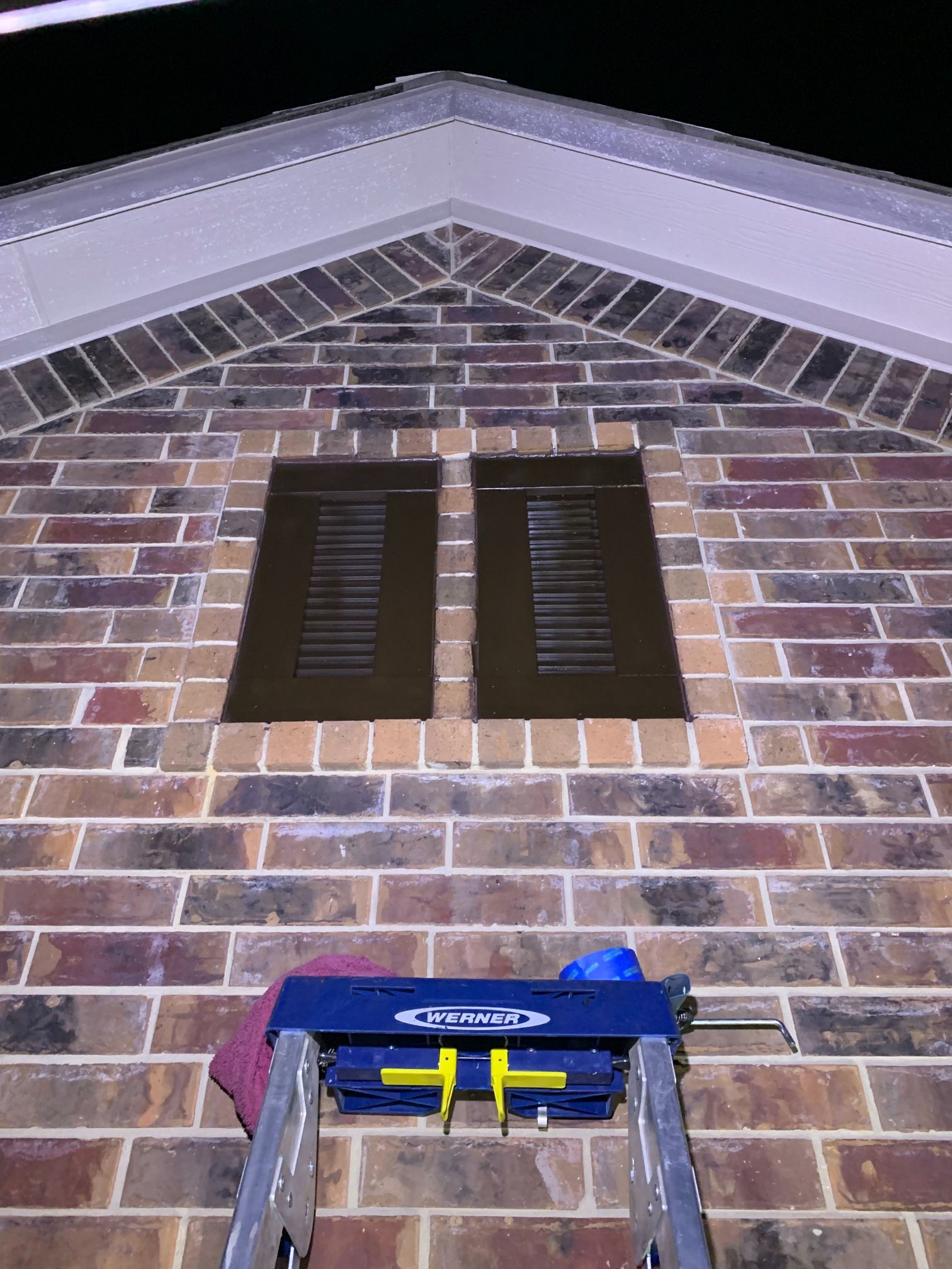 A ladder is sitting on top of a brick wall.