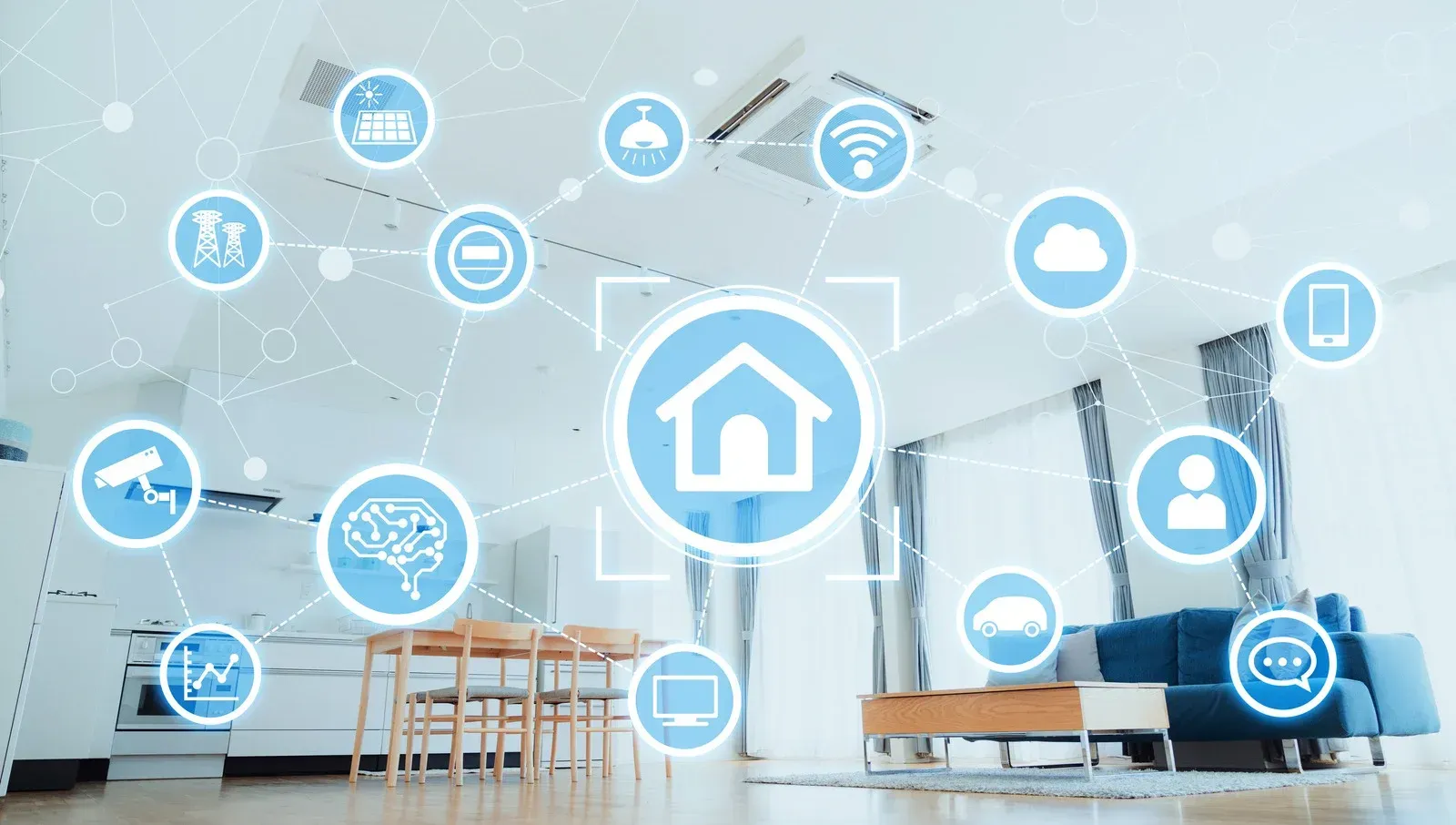Smart home interior with connected device icons overlayed.
