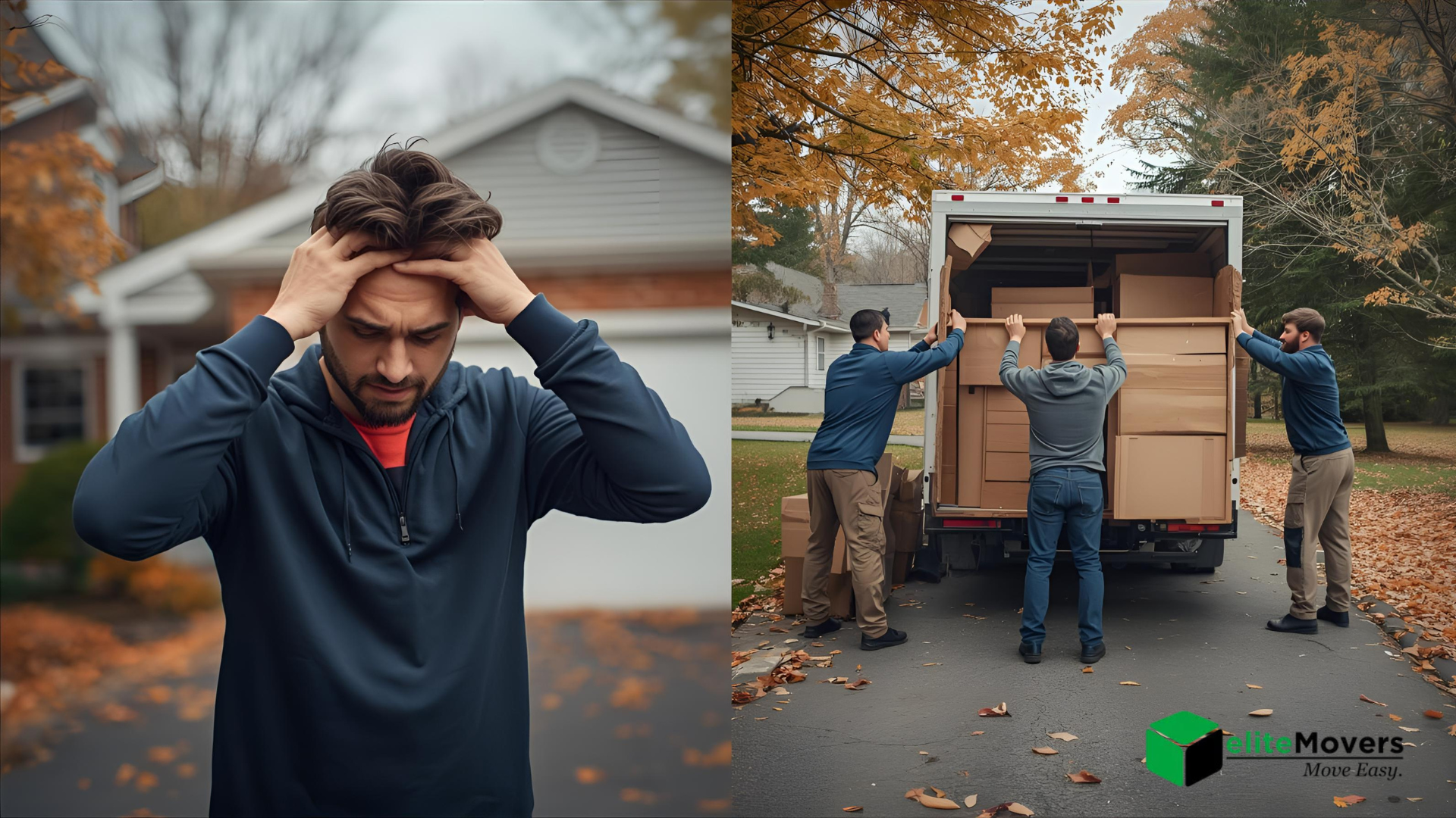 Man stressed in front of a house, movers loading boxes into truck on the right.