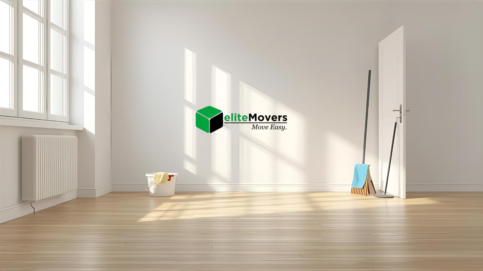 Empty room with hardwood floors, a window, and cleaning supplies against a wall.