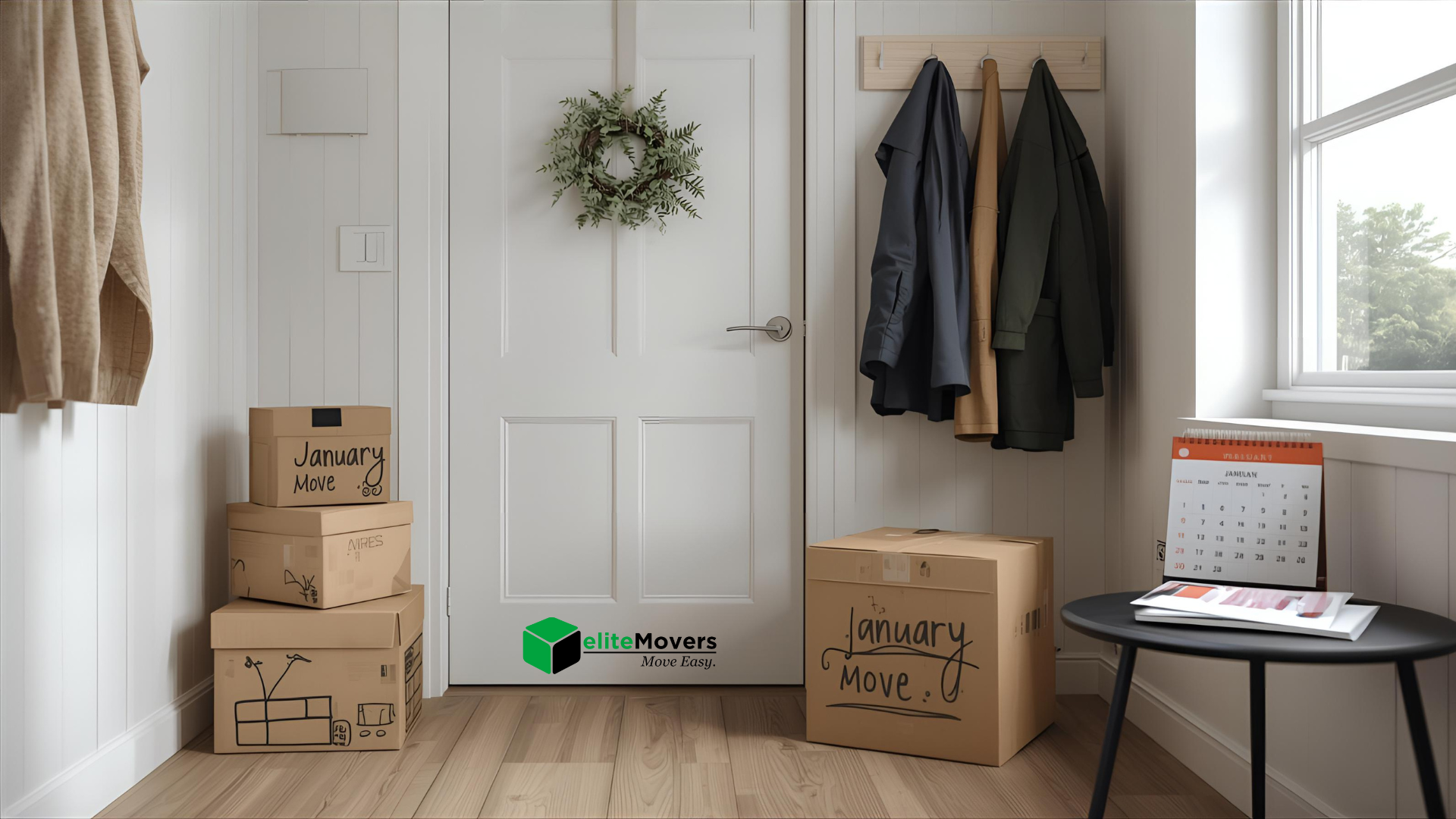 Entryway with a door and boxes, coats hanging on a wall, and a calendar on a small table.