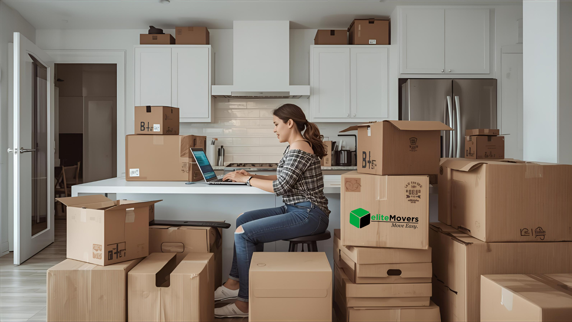 Woman on laptop surrounded by moving boxes in a kitchen, possibly planning or organizing.