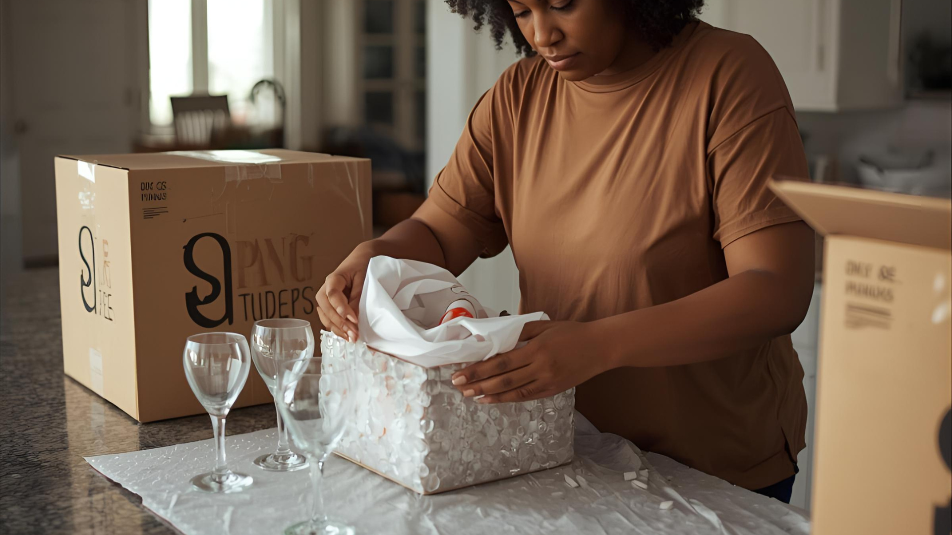Woman packing glassware in a box with bubble wrap in a kitchen with boxes.