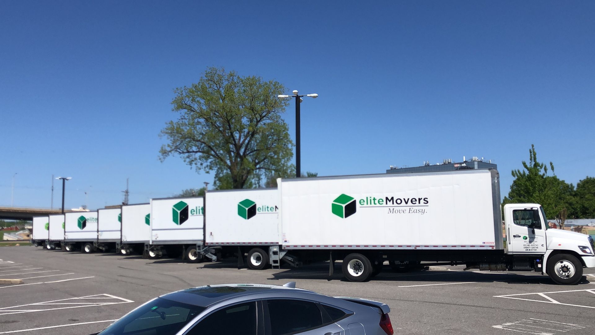 Line of white moving trucks parked in a lot, green logo on sides, blue sky.