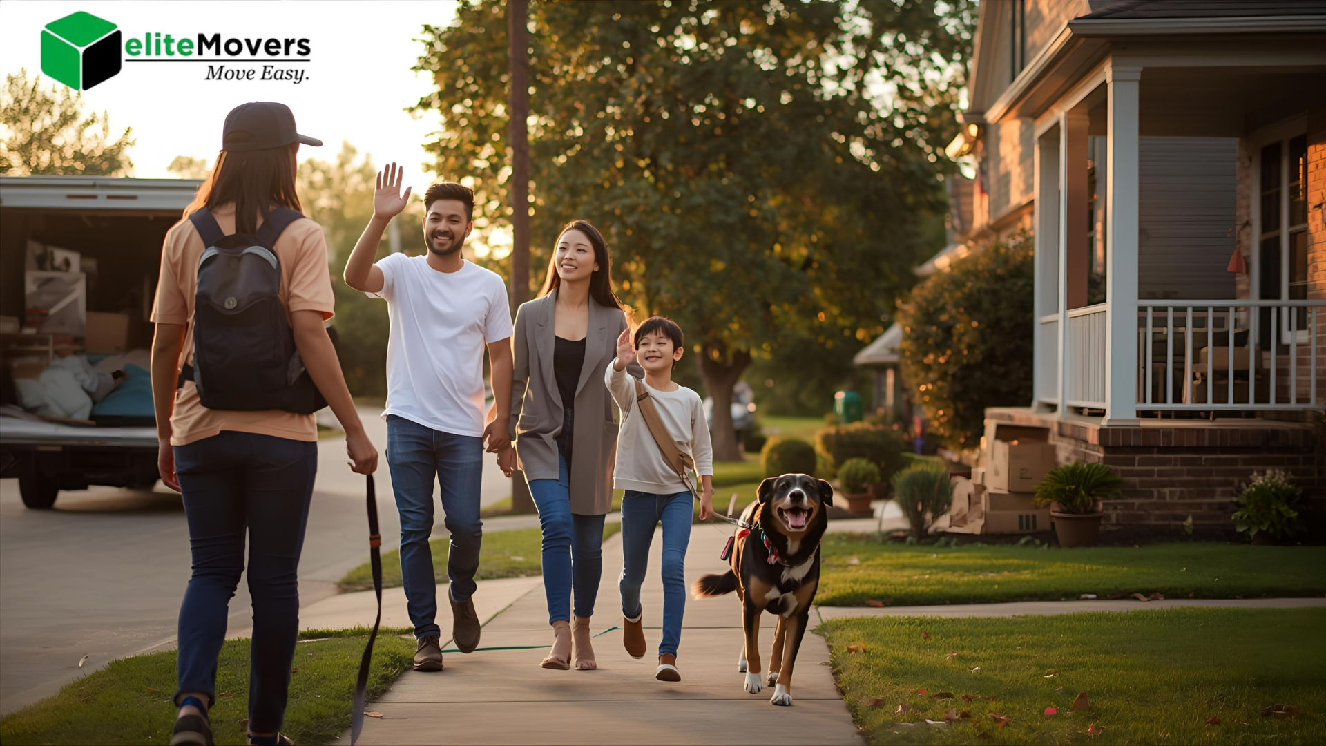 Family walking on sidewalk, waving to someone. Dog, house, and moving truck visible.