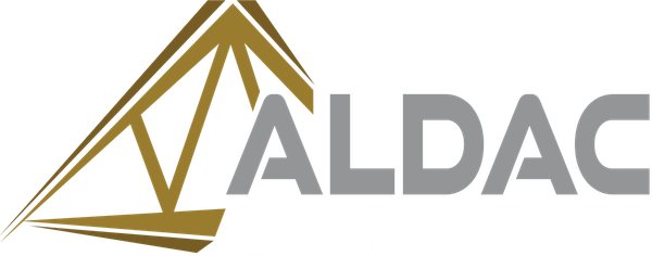 The ALDAC logo features a gold, triangular geometric icon to the left of the gray, sans-serif word
