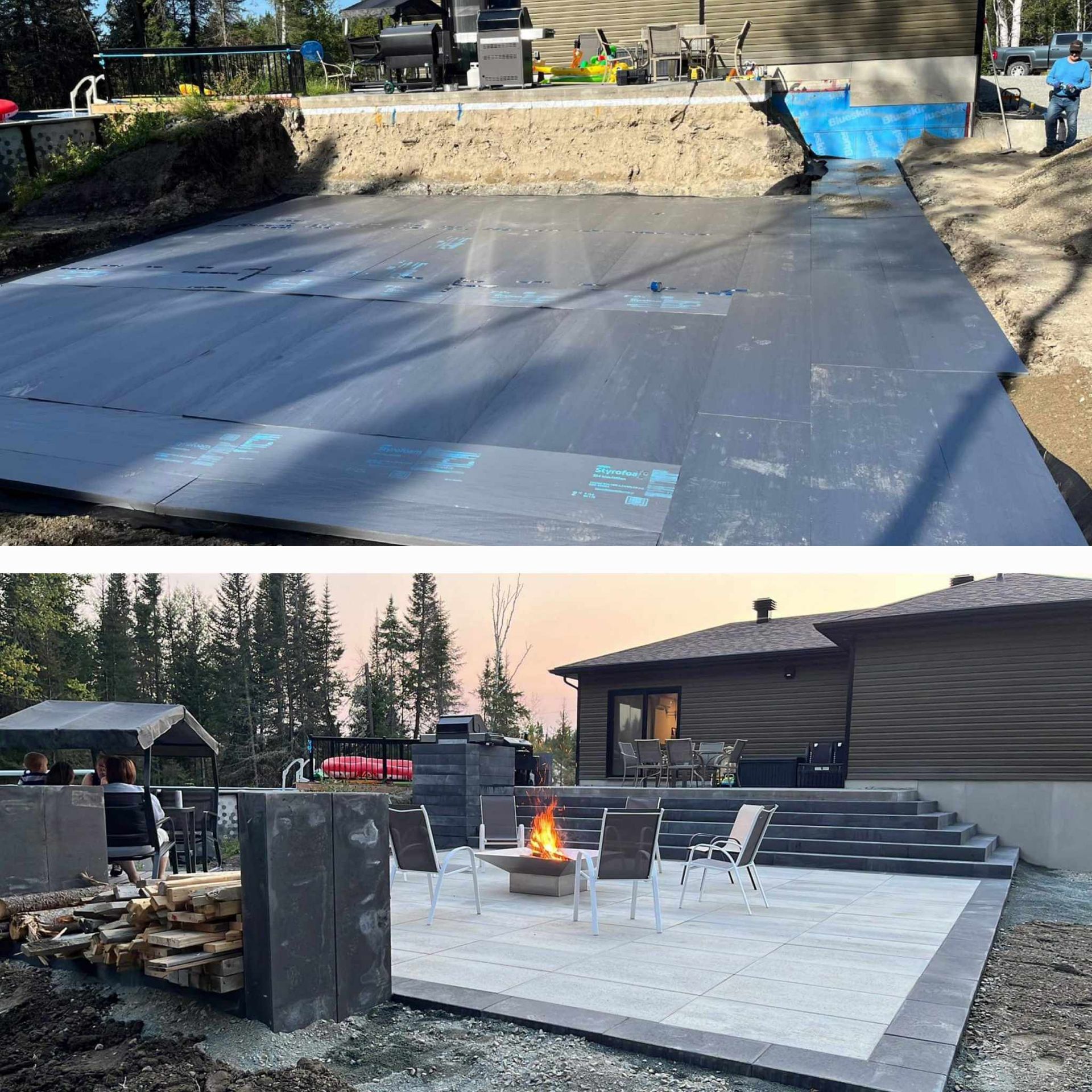 Une photo avant et après d'un patio avec un foyer