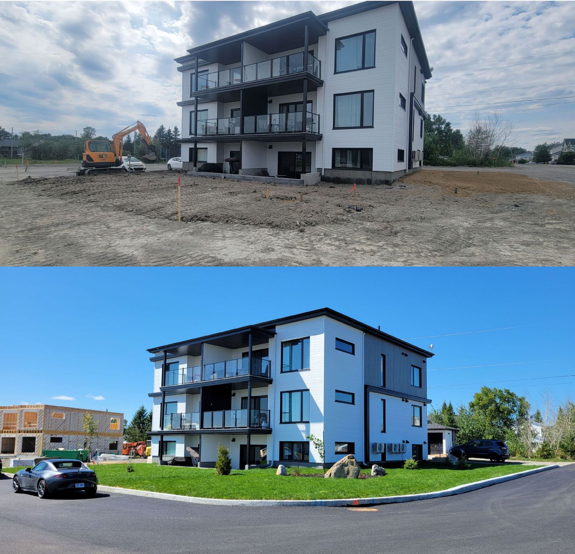 Une photo avant et après d'un bâtiment en construction