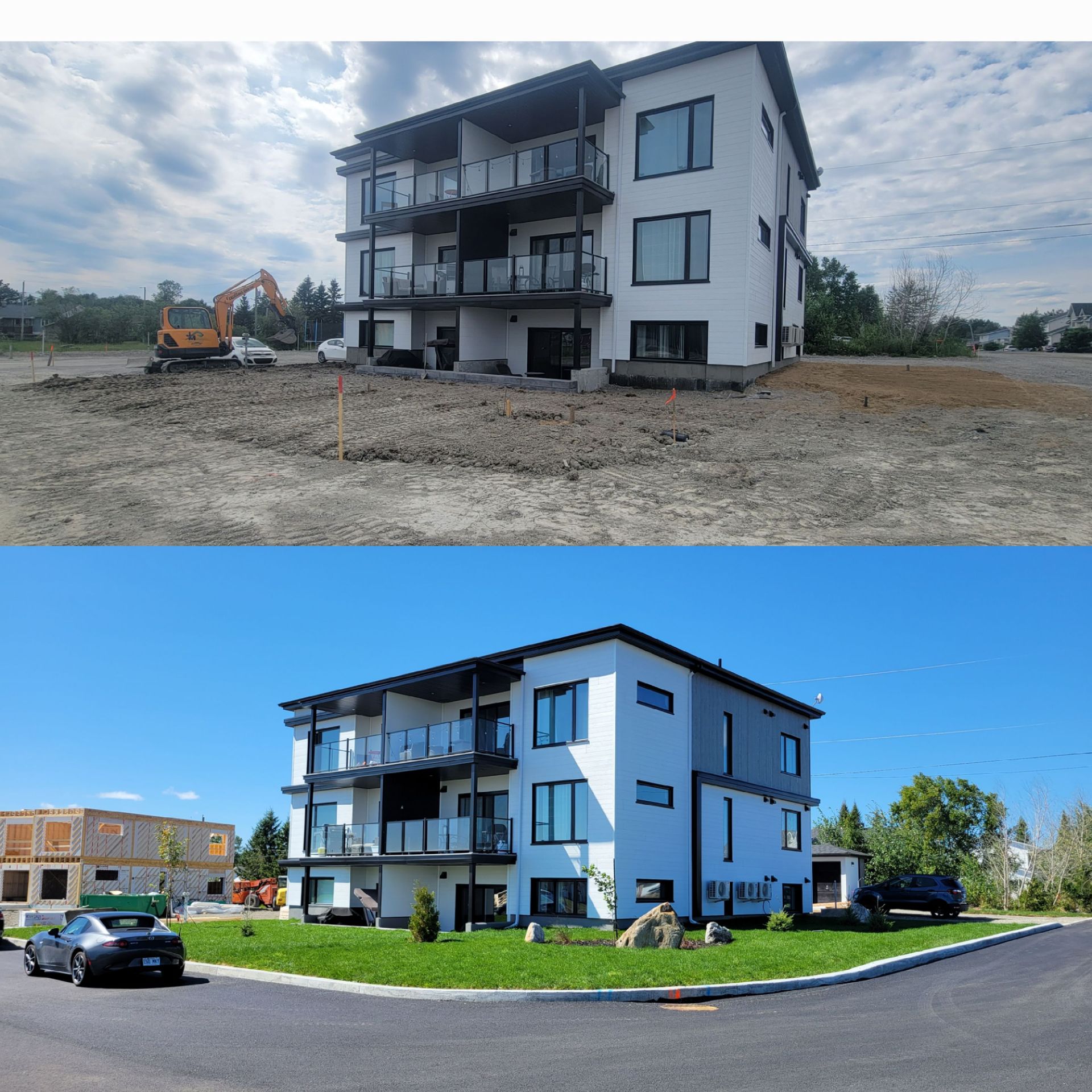 Clôture composite grise avec poteaux en métal noir dans une cour.