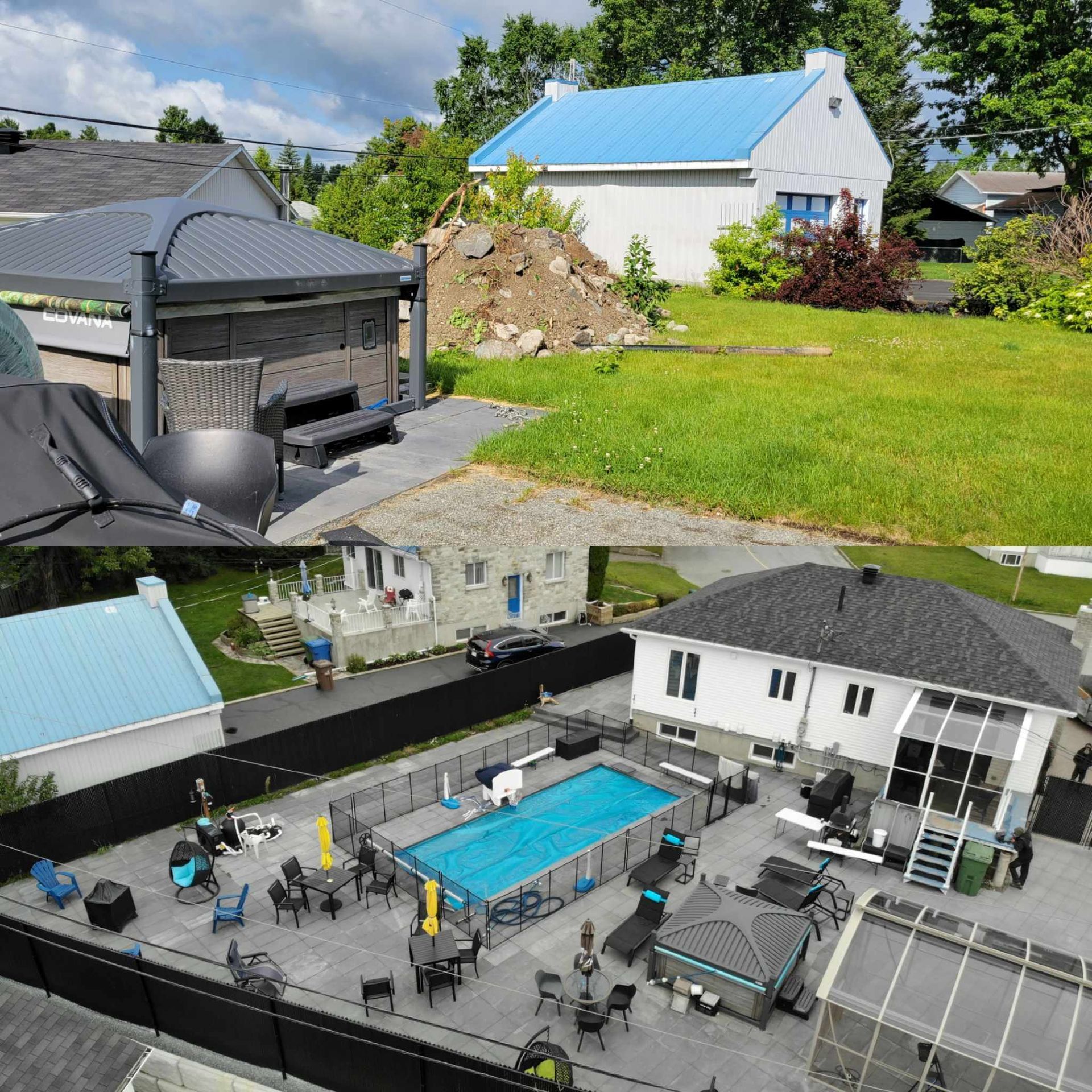 Une vue aérienne d'une maison avec piscine