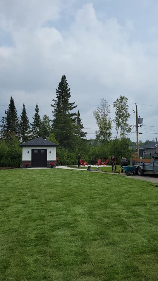 Un grand champ vert luxuriant avec un garage en arrière-plan.