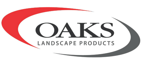 Le logo des produits d'aménagement paysager Oaks est un ovale rouge et gris.