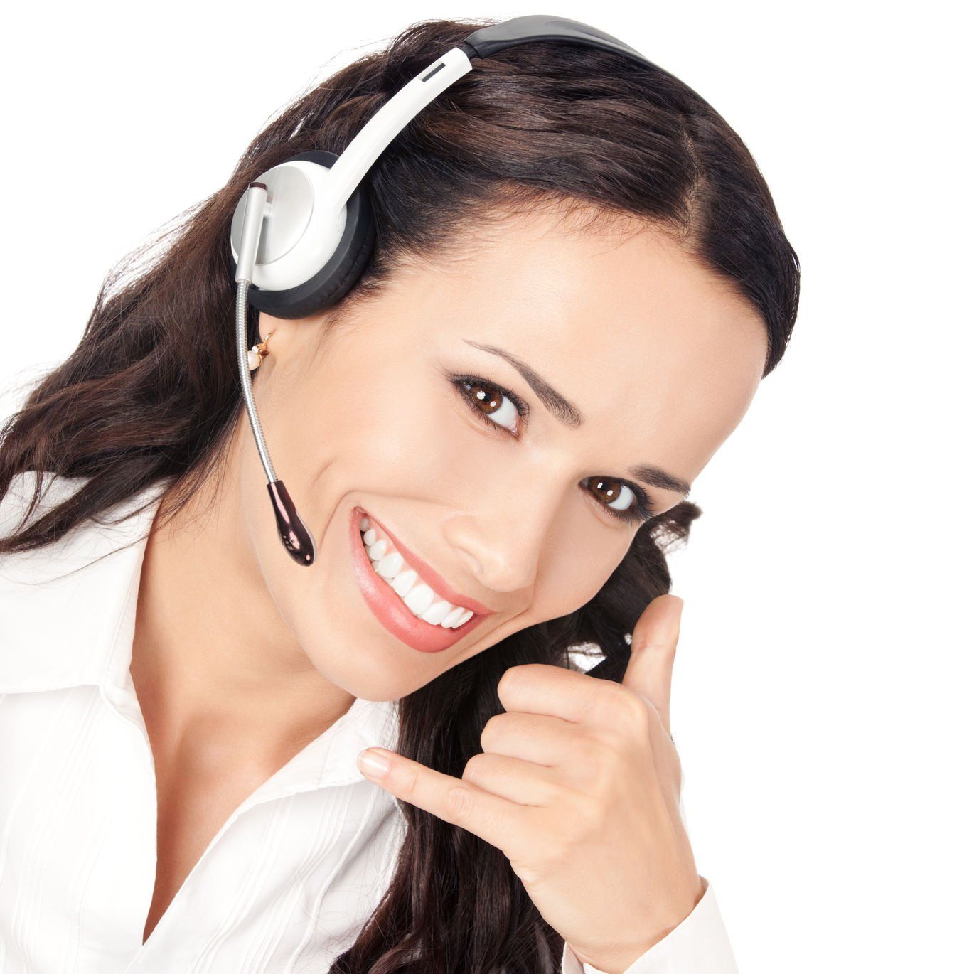 A woman wearing a headset is smiling and making a call me gesture