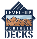 Logo for Level-Up Portable Decks featuring a blue, house-shaped frame over a graphic of brown, layered desert mountains.