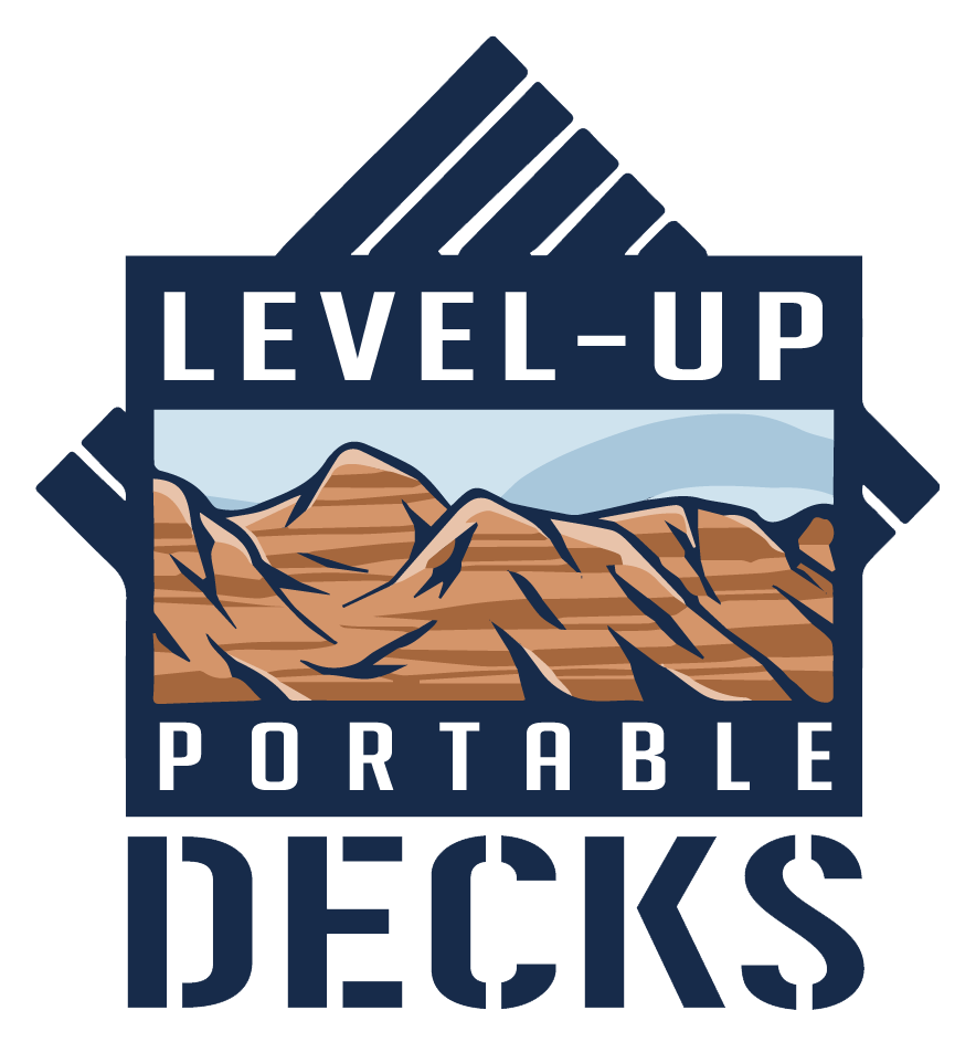 Logo for Level-Up Portable Decks featuring a blue, house-shaped frame over a graphic of brown, layered desert mountains.