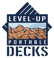 Logo for Level-Up Portable Decks featuring a blue, house-shaped frame over a graphic of brown, layered desert mountains.