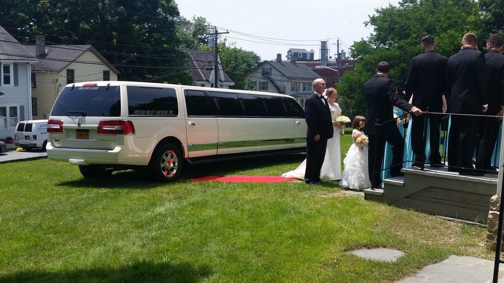 Bride and groom exit white limo onto red carpet, surrounded by wedding party on a sunny day.
