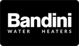 Logo Bandini Water Heaters in bianco e nero. Testo bianco su rettangolo nero.