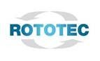 Logo per ROTOTEC, un marchio denominativo color verde acqua all'interno di una freccia circolare grigia.