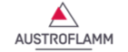 Logo dell'azienda Austroflamm. Presenta un triangolo rosso all'interno di un triangolo nero. Il nome dell'azienda è riportato di seguito.