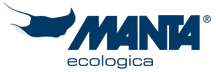 Logo di MANTA ecológica, con l'illustrazione di una manta blu e testo blu.