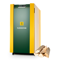 Caldaia a legna verde e gialla, etichetta 