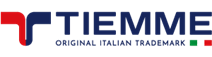 Logo per TIEMME, marchio originale italiano, con un disegno astratto rosso e blu a sinistra e quadrati verdi/rossi a destra.