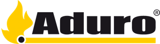 Logo Aduro: testo nero e grafica di una fiamma, su sfondo giallo.