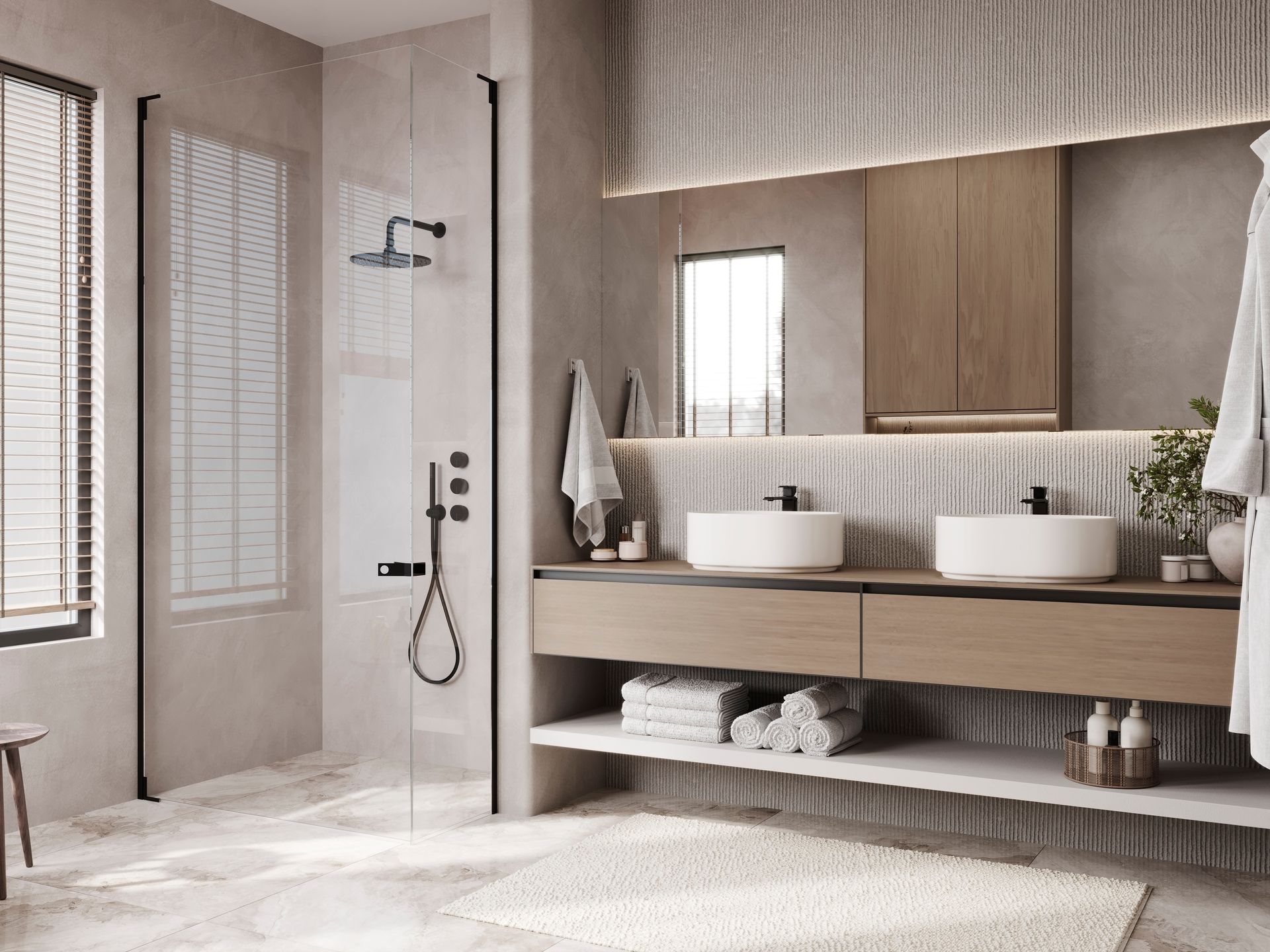 Bagno moderno con doccia, doppi lavandini, mobile lavabo in legno chiaro, tonalità neutre e tappeto.
