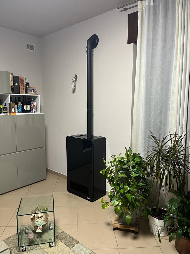 Stufa nera con canna fumaria alta contro una parete bianca. La stanza è arredata con piante e mobili.