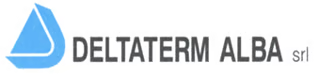 Logo della Deltaterm Alba srl ​​con forma astratta blu e testo grigio su sfondo bianco.