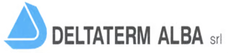 Logo della Deltaterm Alba srl con forma astratta blu e testo grigio su sfondo bianco.