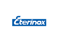 Logo Eterinox: testo bianco in un rettangolo blu. Il marchio denominativo è stilizzato con le lettere