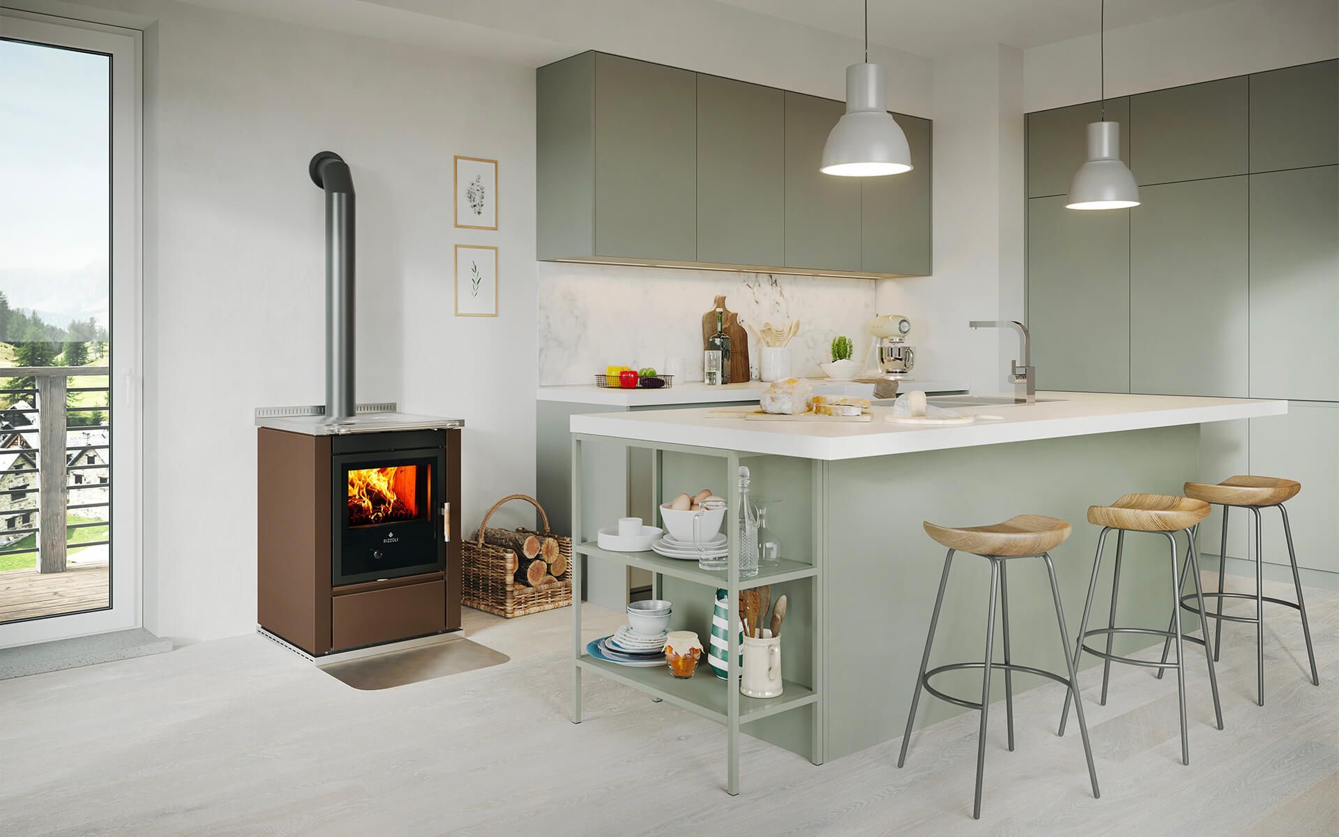 Stufa a legna marrone in cucina moderna con isola e sgabelli.