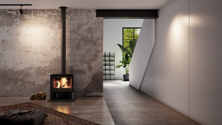 Uno spazio abitativo moderno è dotato di camino, porta d'accesso a una zona luminosa con piante e pavimento in legno.